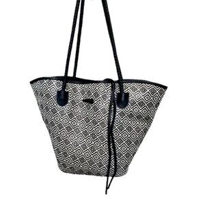 Neiman Marcus Tribal Bucket Bag Tote Black White Diamond Braided Handles EUC